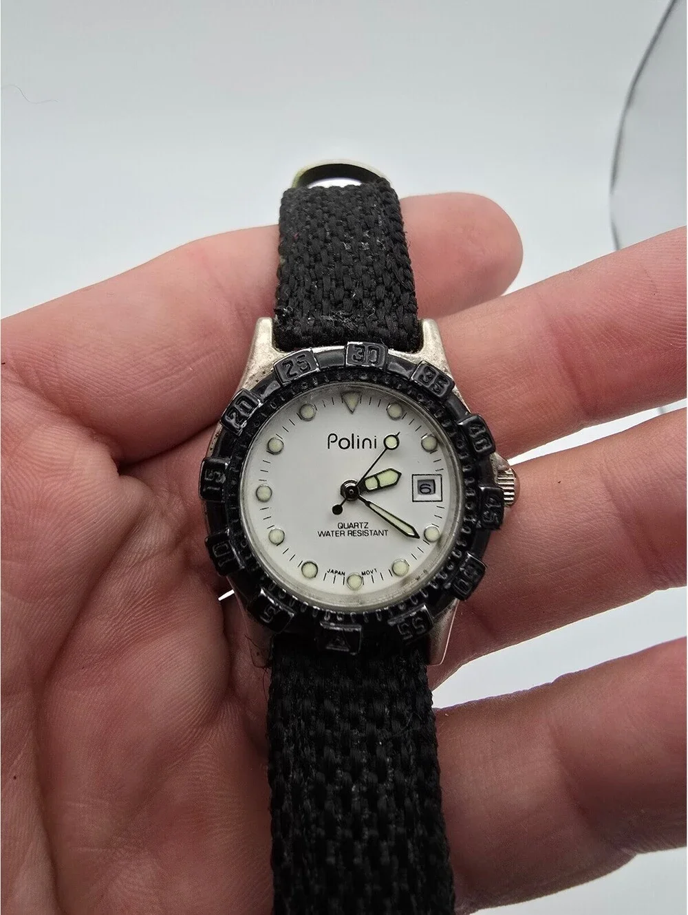 Polini Quartz Analog Watch Water-Resistant Date White Dial Black Fabric Strap